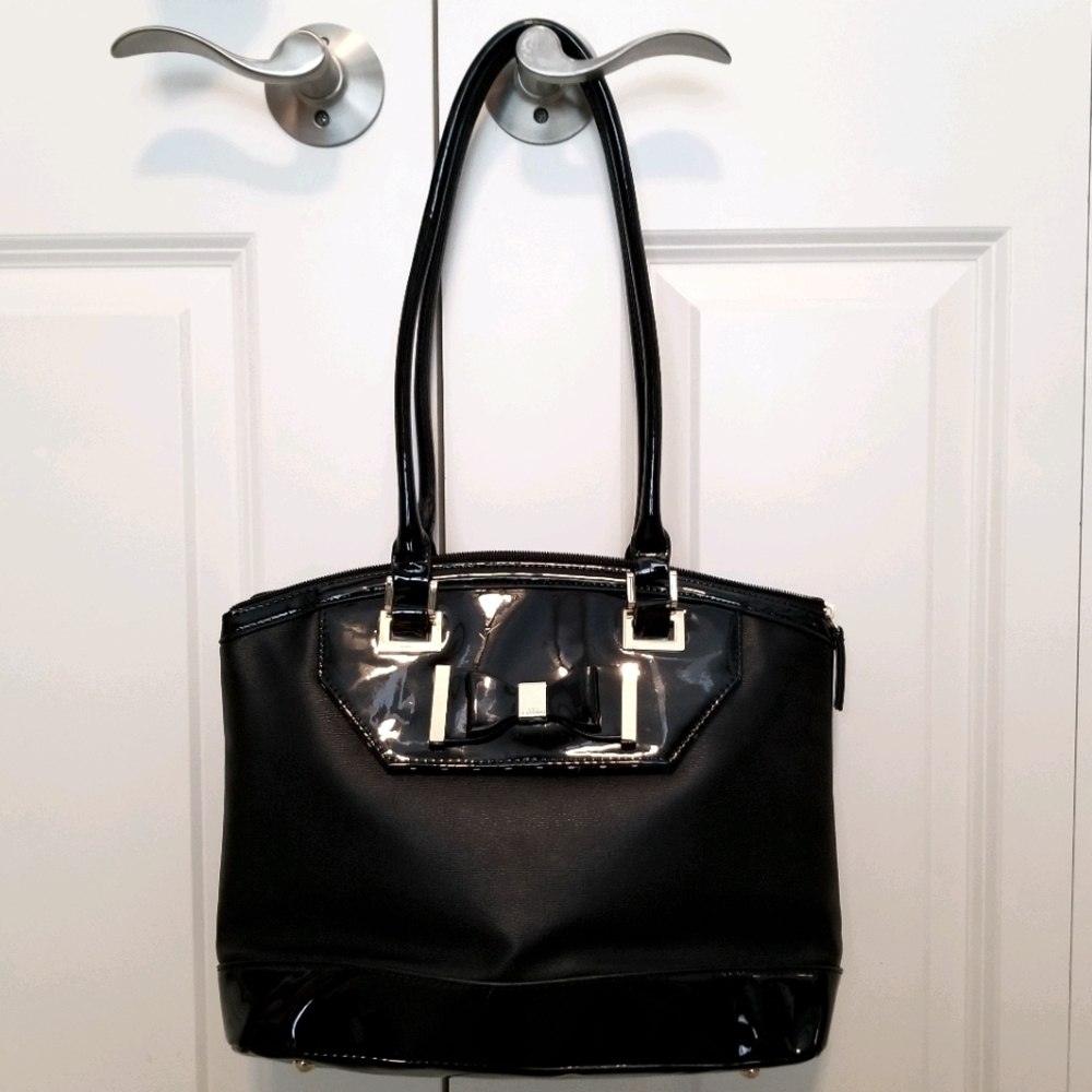 Lulu Guinness black bow tie gold metal trim shoulder bag